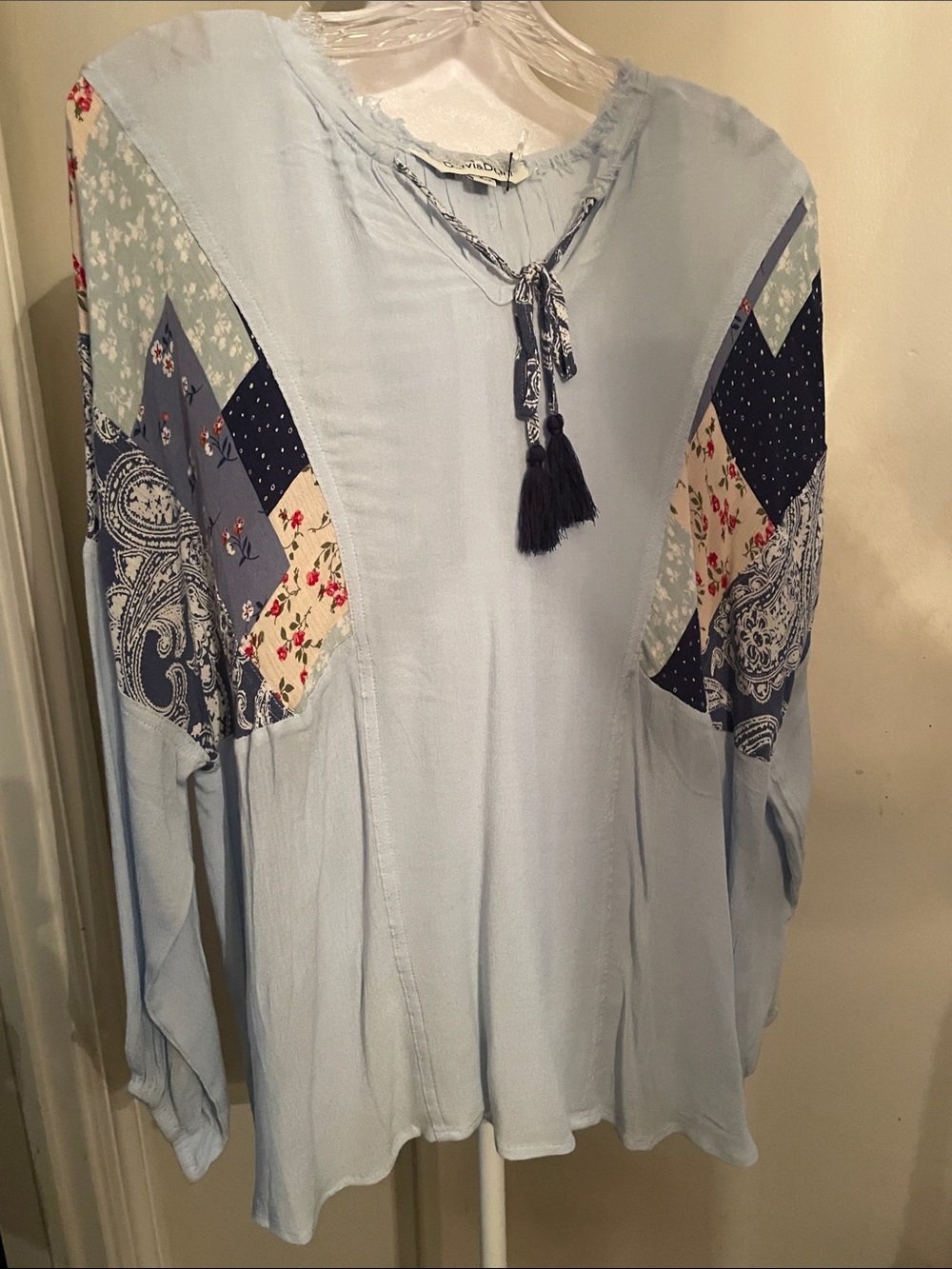 Light Blue Patchwork Tassel Peasant Tunic